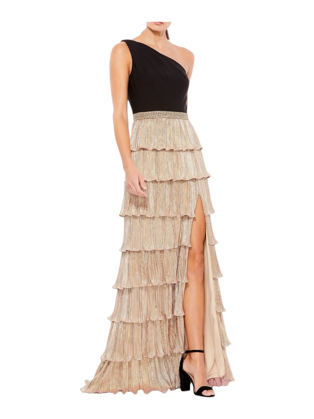 Mac Duggal Ieena black gold metallic one shoulder ruffle tierd gown 8
